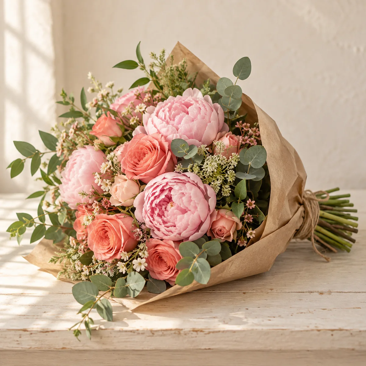 Peony and rose hand-tied bouquet