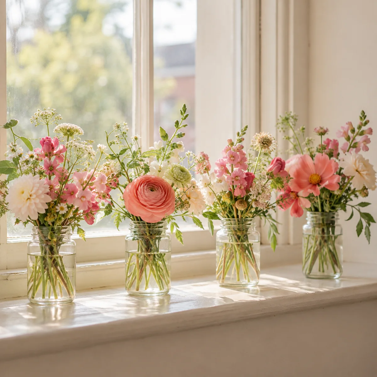 Mason jar posies on a windowsill