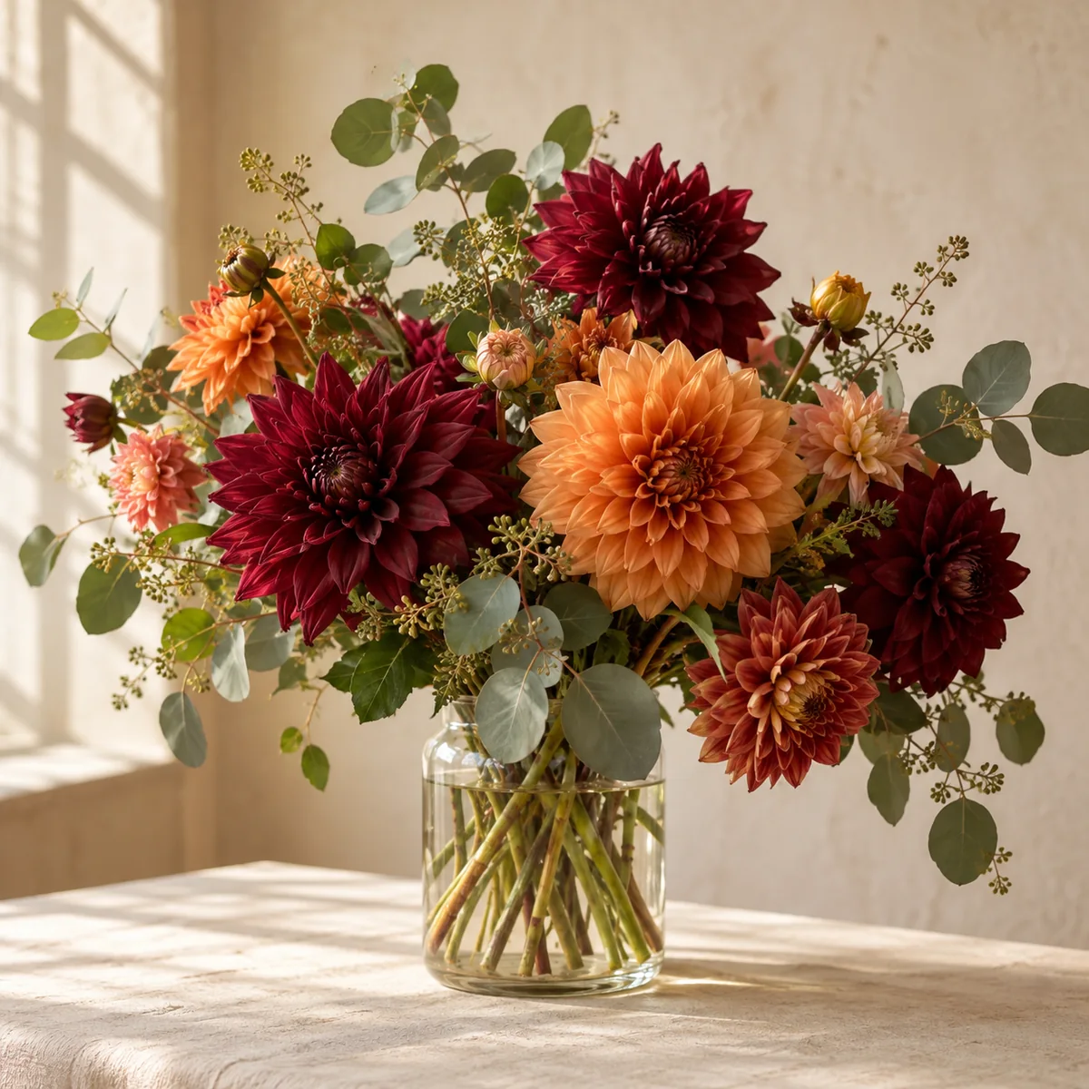 Autumn dahlias and eucalyptus