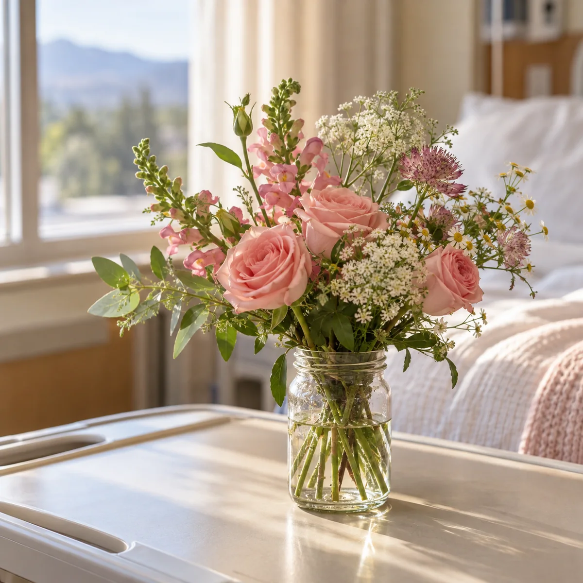 Bouquet on a hospital tray
