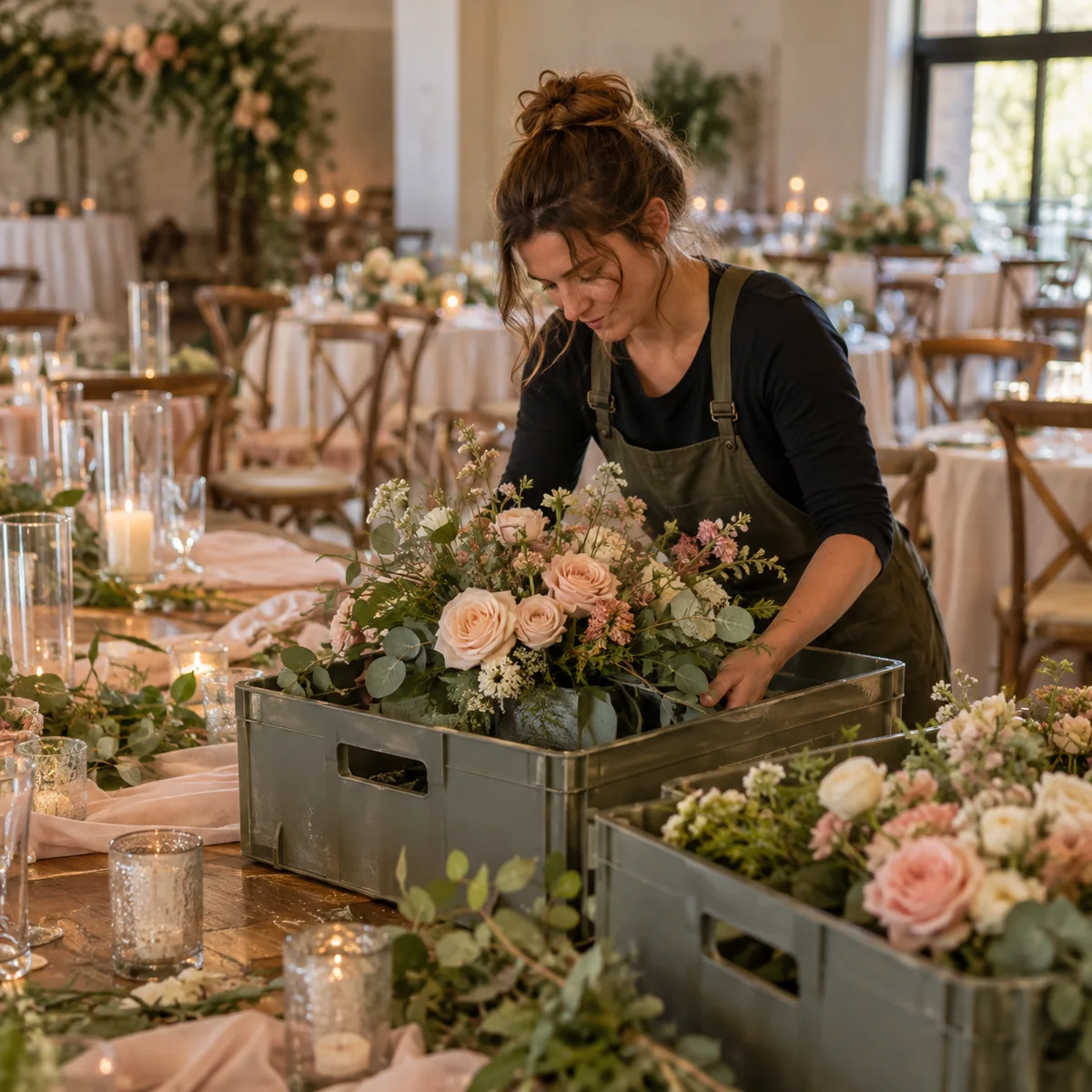 Wedding centerpieces being collected